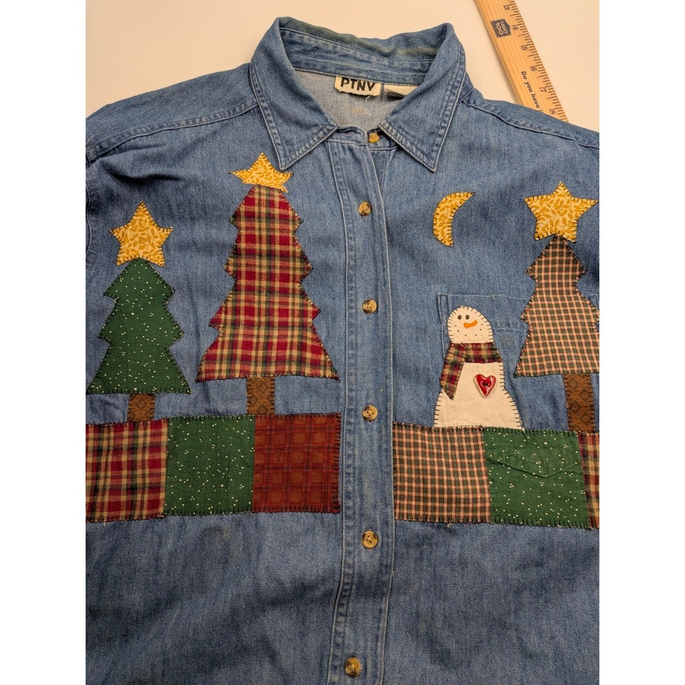 90s Cottagecore Grandmacore Christmas Snowman Denim Shirt Large PTNY